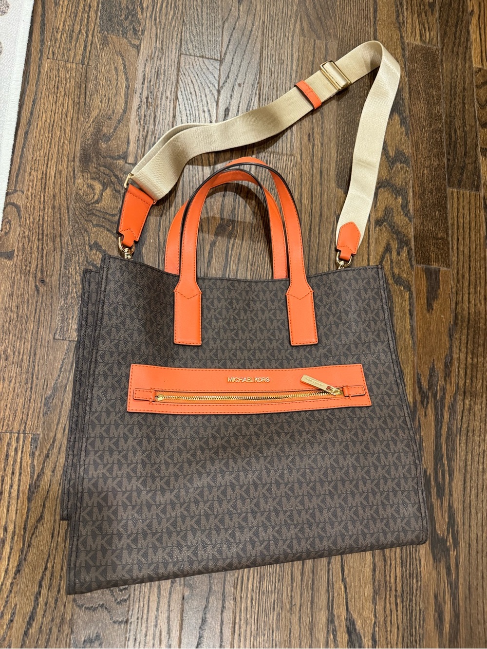 Michael Kors Brown Tote with Orange Trim and Beige Strap